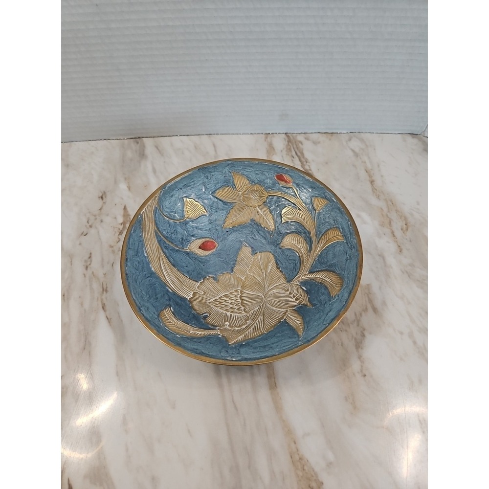 Brass Pedestal Decor Bowl with Floral Design and Hand Painted  Inside